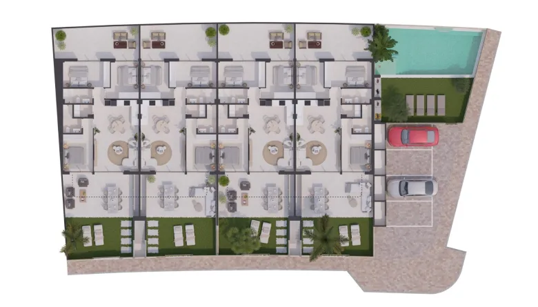 Planskisse — Nye bungalower med hage eller takterrasse nær sjøen i San Pedro del Pinatar