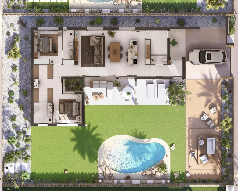 Planskisse — Moderne villaer på ett plan i Altaona Golf Resort Murcia