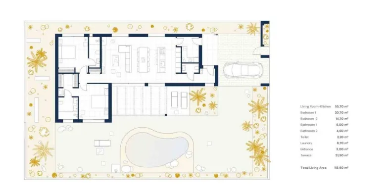 Planskisse — Moderne villaer på ett plan i Altaona Golf Resort Murcia
