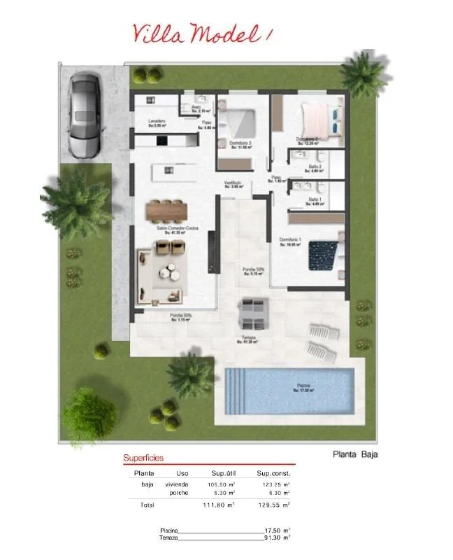 Planskisse — Nye villaer i Altaona Golf Resort i Murcia med privat basseng og fjellutsikt