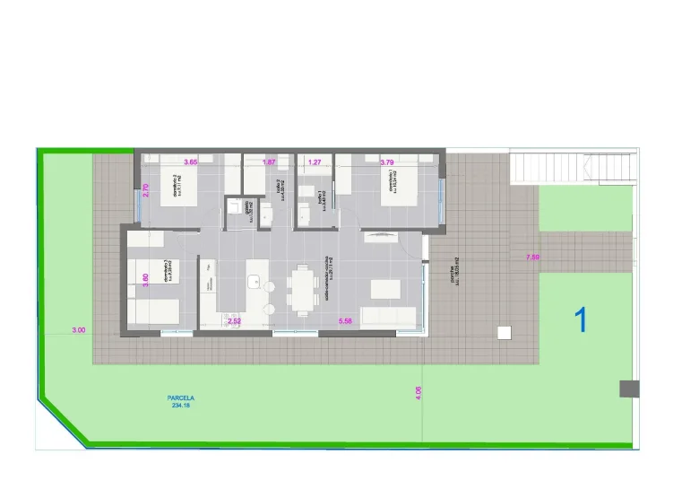 Planskisse — Nye bungalower med hage eller takterrasse nær stranden i Pilar de la Horadada