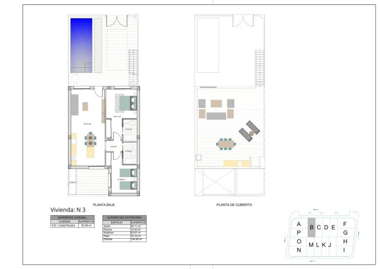 Planskisse — Moderne nye tomannsboliger og rekkehus med private bassenger på El Alba Resort-Torre Pacheco