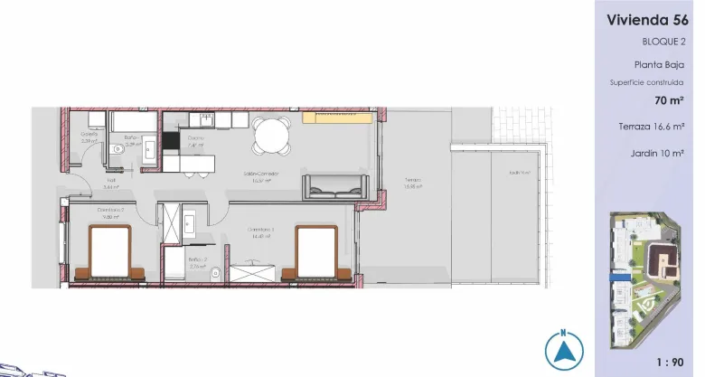 Planskisse — Bakkeplan | Moderne leilighet med 2 soverom og hage i Oasis Garden