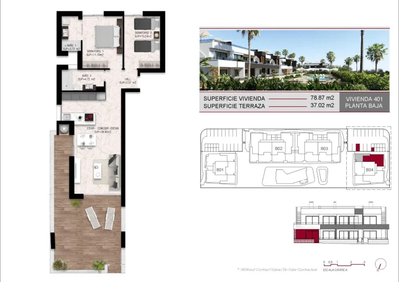 Planskisse — Bungalow på bakkeplan med privat hage i Lo Marabú, Ciudad Quesada