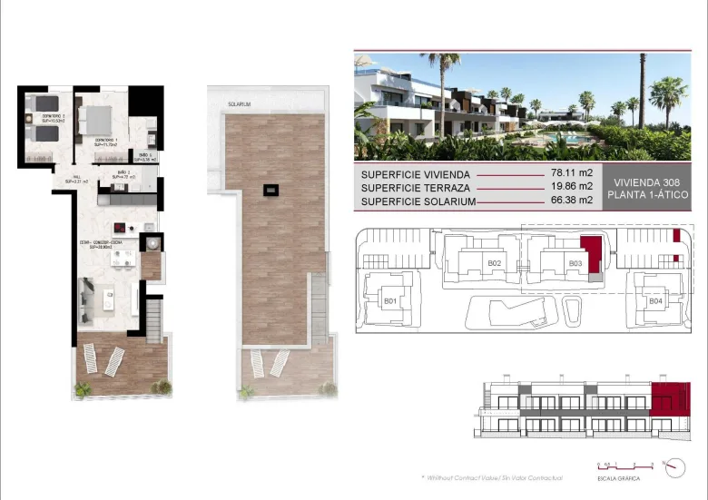 Planskisse — Bungalow i toppetasjen med privat takterrasse i Lo Marabú, Ciudad Quesada